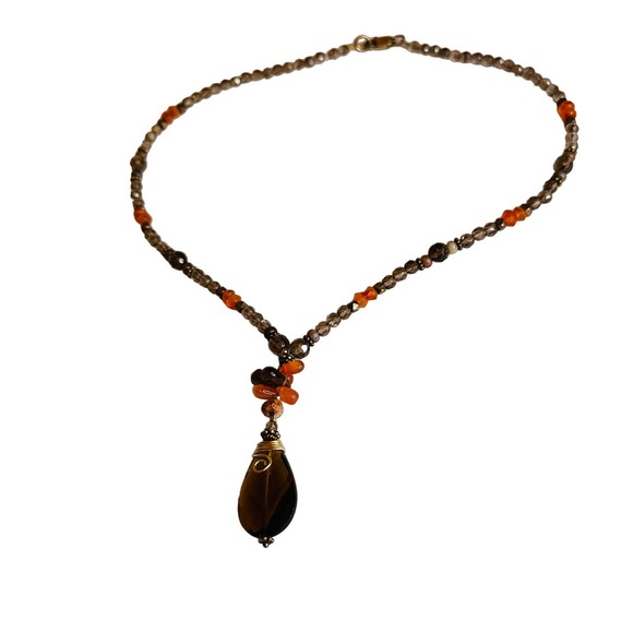 Artisan Jewelry - Artisan Crafted Smokey Topaz & Carnelian Y Necklace w/silver lobster claw clasp